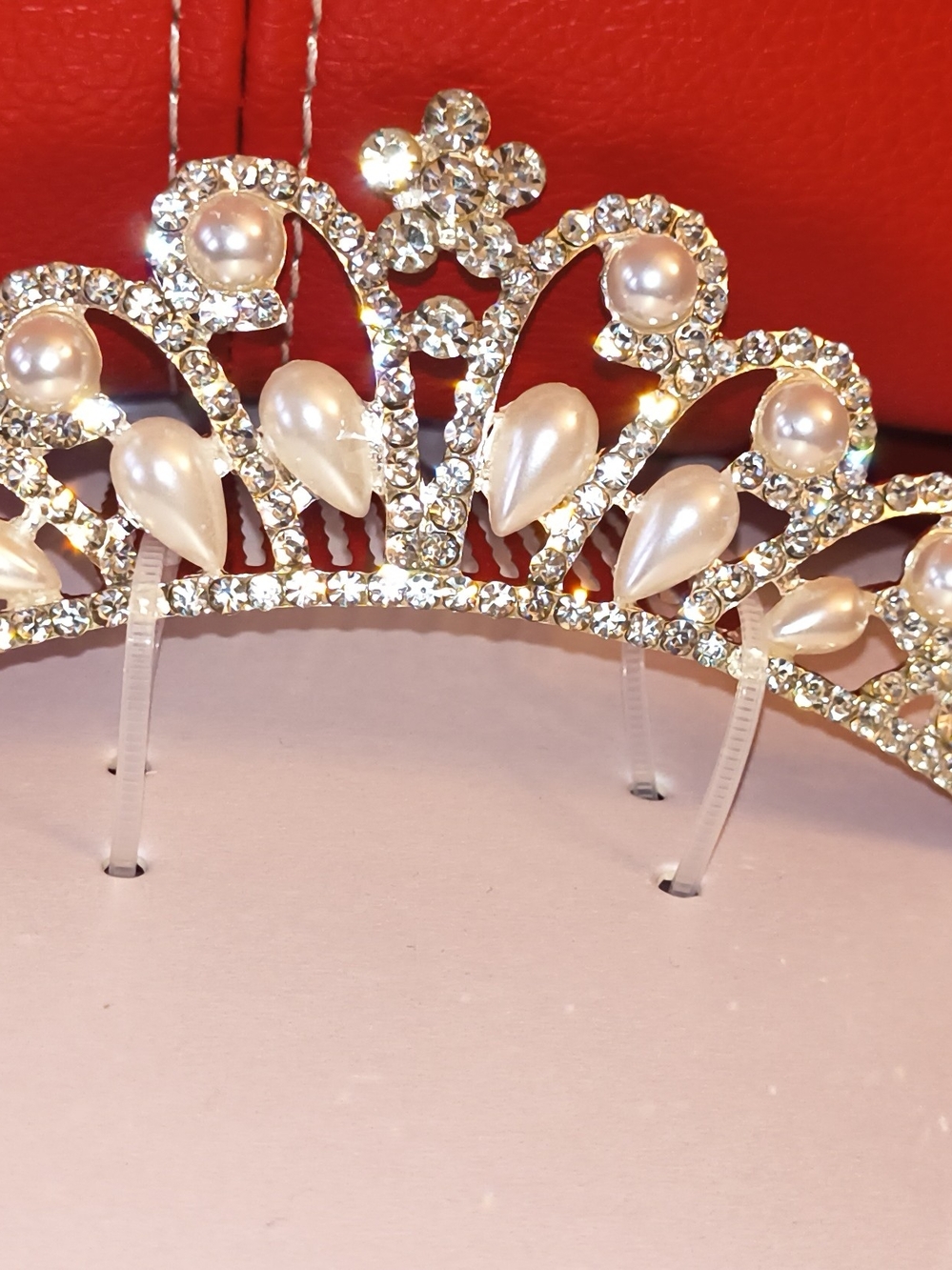 Pearl & Crystal Tiara Hair Comb - Elegant Pink Pearls